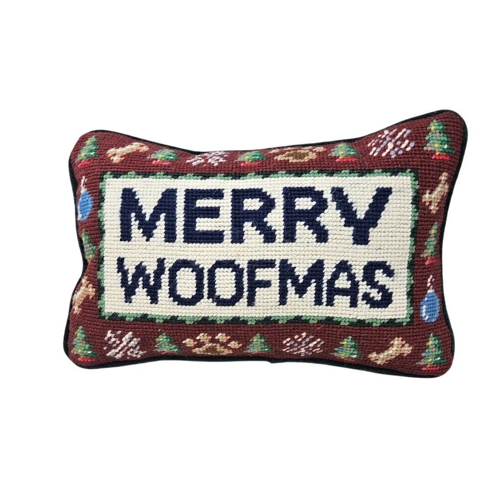 Furbish Merry Woofmas Dog Christmas Throw Pillow Needlepoint Retro Vintage